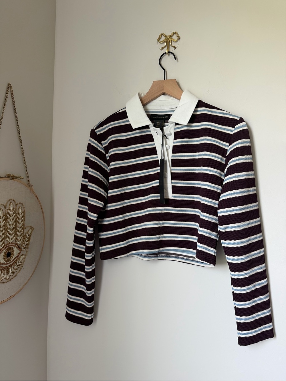 Burgundy white Striped Polo button up long sleeve cropped top